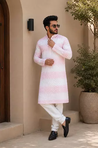 Pink color embroidery work & shading print cotton men's kurta payjama set