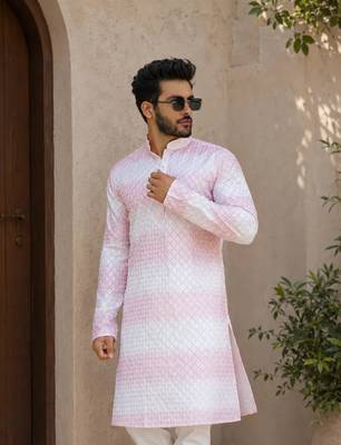 Pink color embroidery work & shading print cotton men's kurta payjama set 3