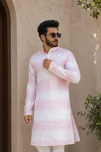 Pink color embroidery work & shading print cotton men's kurta payjama set