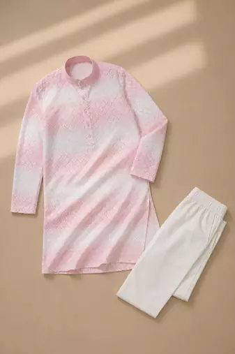Pink color embroidery work & shading print cotton men's kurta payjama set