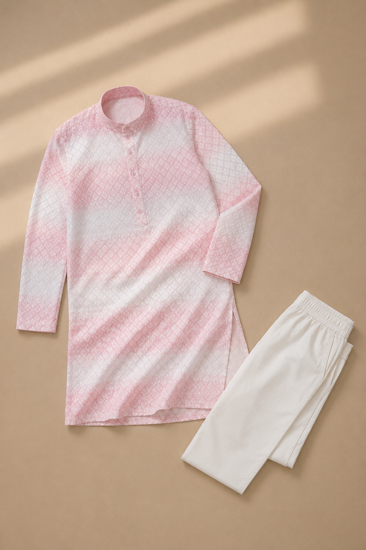 Pink color embroidery work & shading print cotton men's kurta payjama set