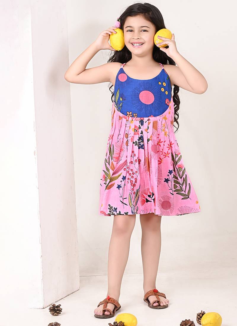 Pink floral printed cotton pleated dress