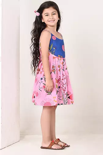 Pink floral printed cotton pleated dress