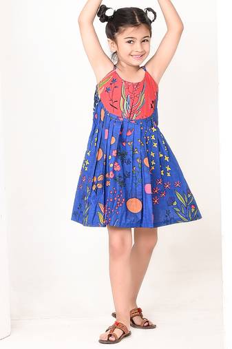 Blue floral printed cotton pleated dress
