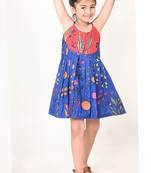 Blue floral printed cotton pleated dress