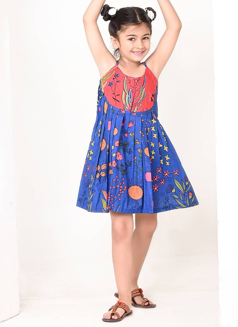 Blue floral printed cotton pleated dress