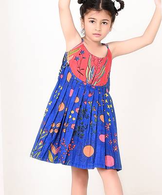 Blue floral printed cotton pleated dress 2
