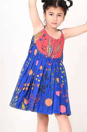 Blue floral printed cotton pleated dress
