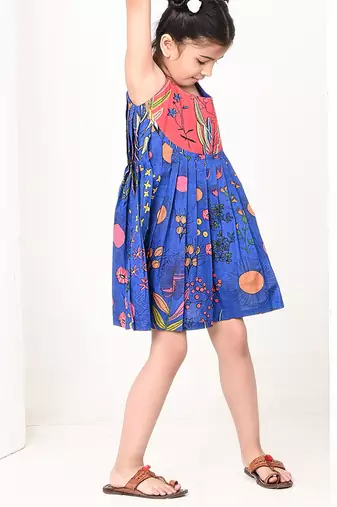 Blue floral printed cotton pleated dress