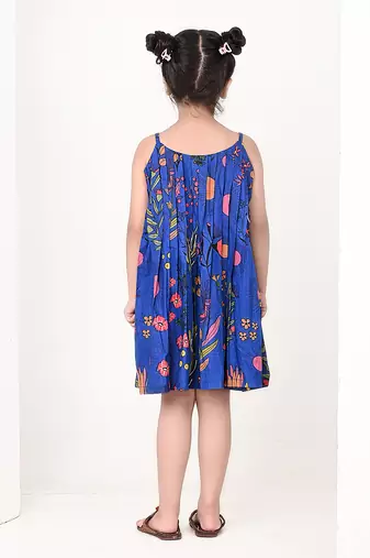 Blue floral printed cotton pleated dress