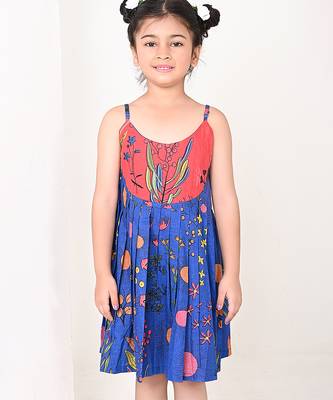 Blue floral printed cotton pleated dress 5