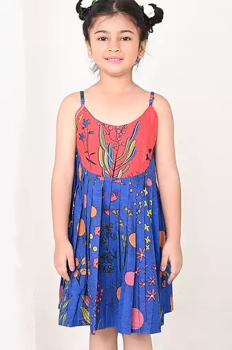 Blue floral printed cotton pleated dress