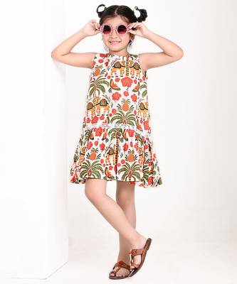 Off white floral printed cotton pleated dress 1