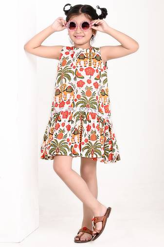 Off white floral printed cotton pleated dress