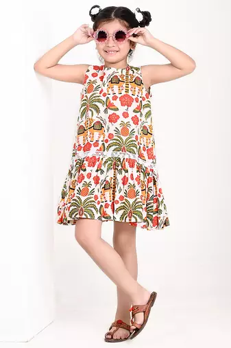Off white floral printed cotton pleated dress