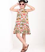 Off white floral printed cotton pleated dress