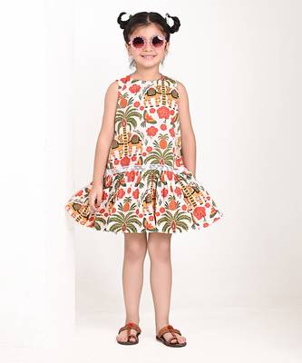 Off white floral printed cotton pleated dress 3