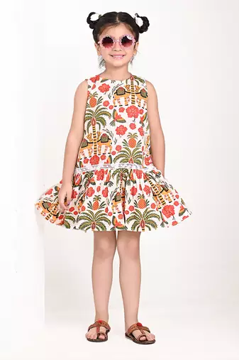 Off white floral printed cotton pleated dress