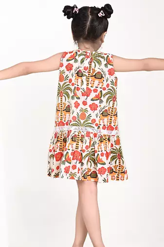 Off white floral printed cotton pleated dress