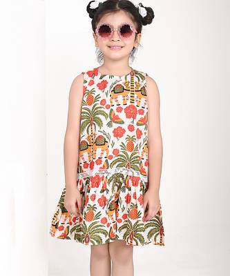 Off white floral printed cotton pleated dress 5