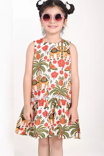 Off white floral printed cotton pleated dress