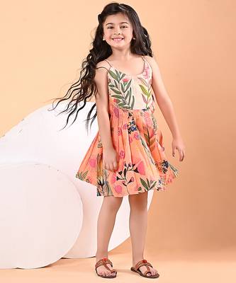 Peach orange floral printed cotton pleated dress 1