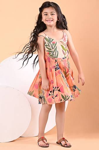 Peach orange floral printed cotton pleated dress