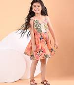 Peach orange floral printed cotton pleated dress
