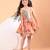 Peach orange floral printed cotton pleated dress