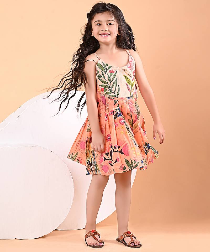 Peach orange floral printed cotton pleated dress