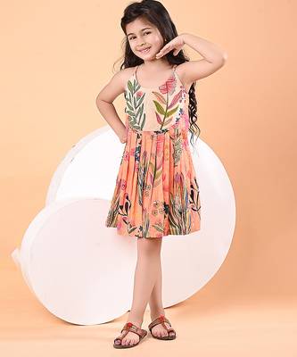 Peach orange floral printed cotton pleated dress 2