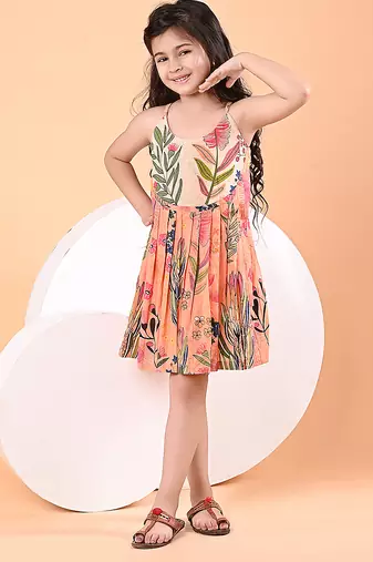 Peach orange floral printed cotton pleated dress