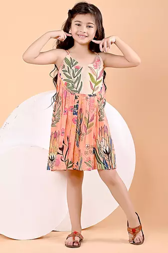 Peach orange floral printed cotton pleated dress