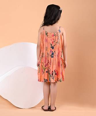 Peach orange floral printed cotton pleated dress 4