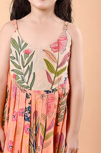 Peach orange floral printed cotton pleated dress