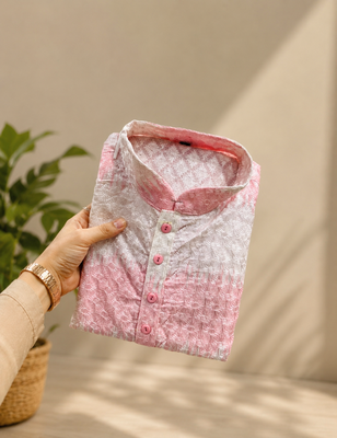 Pink color embroidery work & shading print cotton men's kurta payjama set 5