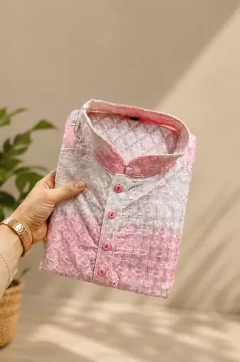 Pink color embroidery work & shading print cotton men's kurta payjama set