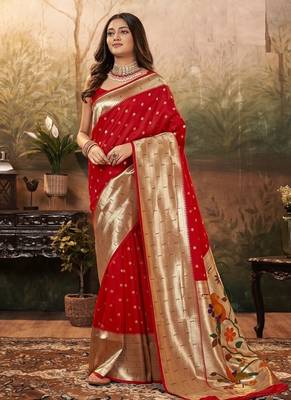 Red paithani silk with zari weaving trational wear saree 1