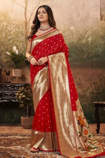 Red paithani silk with zari weaving trational wear saree