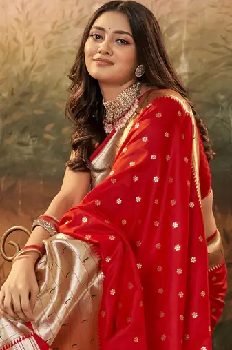 Red paithani silk with zari weaving trational wear saree