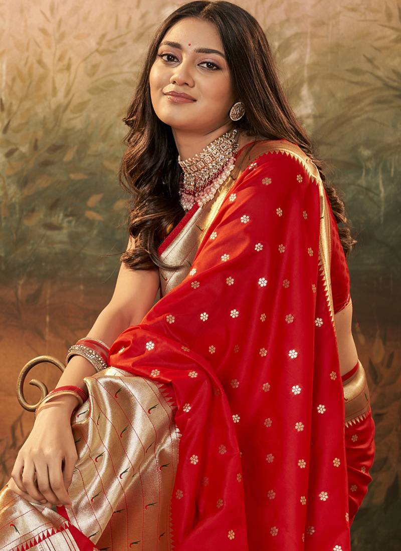 Red paithani silk with zari weaving trational wear saree