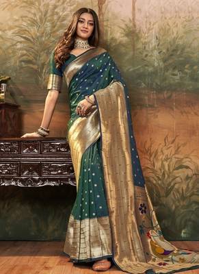 Peaock green paithani silk with zari weaving trational wear saree 1
