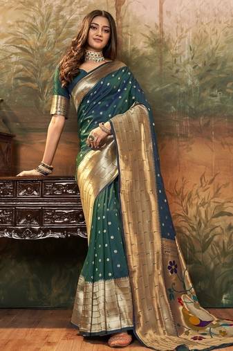 Peaock green paithani silk with zari weaving trational wear saree