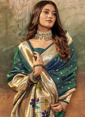 Peaock green paithani silk with zari weaving trational wear saree 2