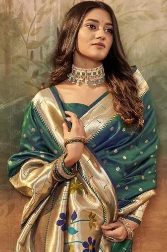 Peaock green paithani silk with zari weaving trational wear saree