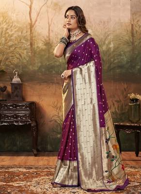 Purple  paithani silk with zari weaving trational wear saree 1