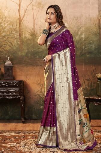 Purple  paithani silk with zari weaving trational wear saree