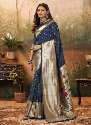 Navy blue paithani silk with zari weaving trational wear saree 1
