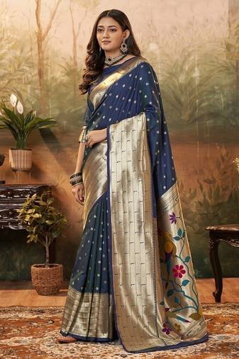 Navy blue paithani silk with zari weaving trational wear saree