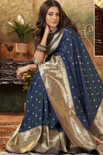 Navy blue paithani silk with zari weaving trational wear saree
